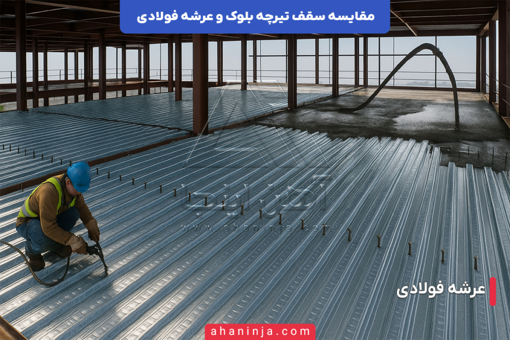 مقایسه سقف تیرچه بلوک و عرشه فولادی؛ مزایا و کاربرد ها 4 مقایسه سقف تیرچه بلوک و عرشه فولادی